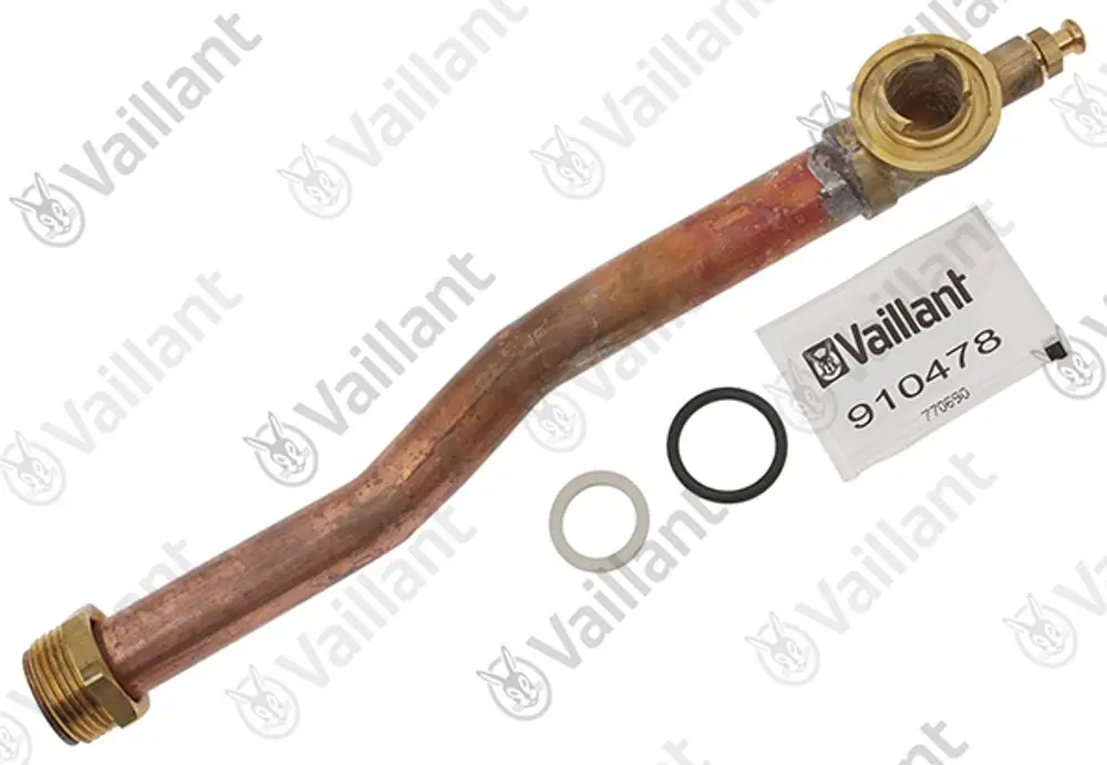 Kupferrohr von Vaillant mit Verbindungselementen und Dichtungen. Zubehörteil für Heizungs- oder Abgasanlagen, mit einem gebogenen Verlauf und unterschiedlichen Durchmessern.